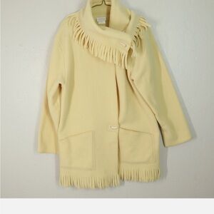 Linda Lundstrom Coat 12 Cream Fleece Fringe Scarf Collar Pockets Toggle Button